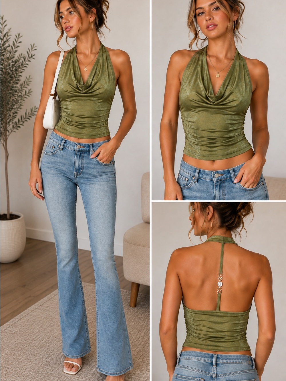 Y2K Olive Halter Crop Top Draped Front Backless Sleeveless Tank Women’s Small - Picture 9 of 9